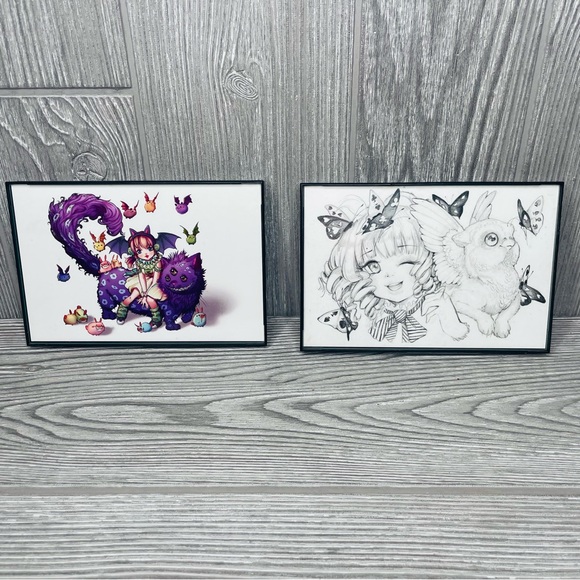 2 framed Camilla d’errico post card prints 4x6 inch prints sketch / colorful cat - Picture 1 of 7